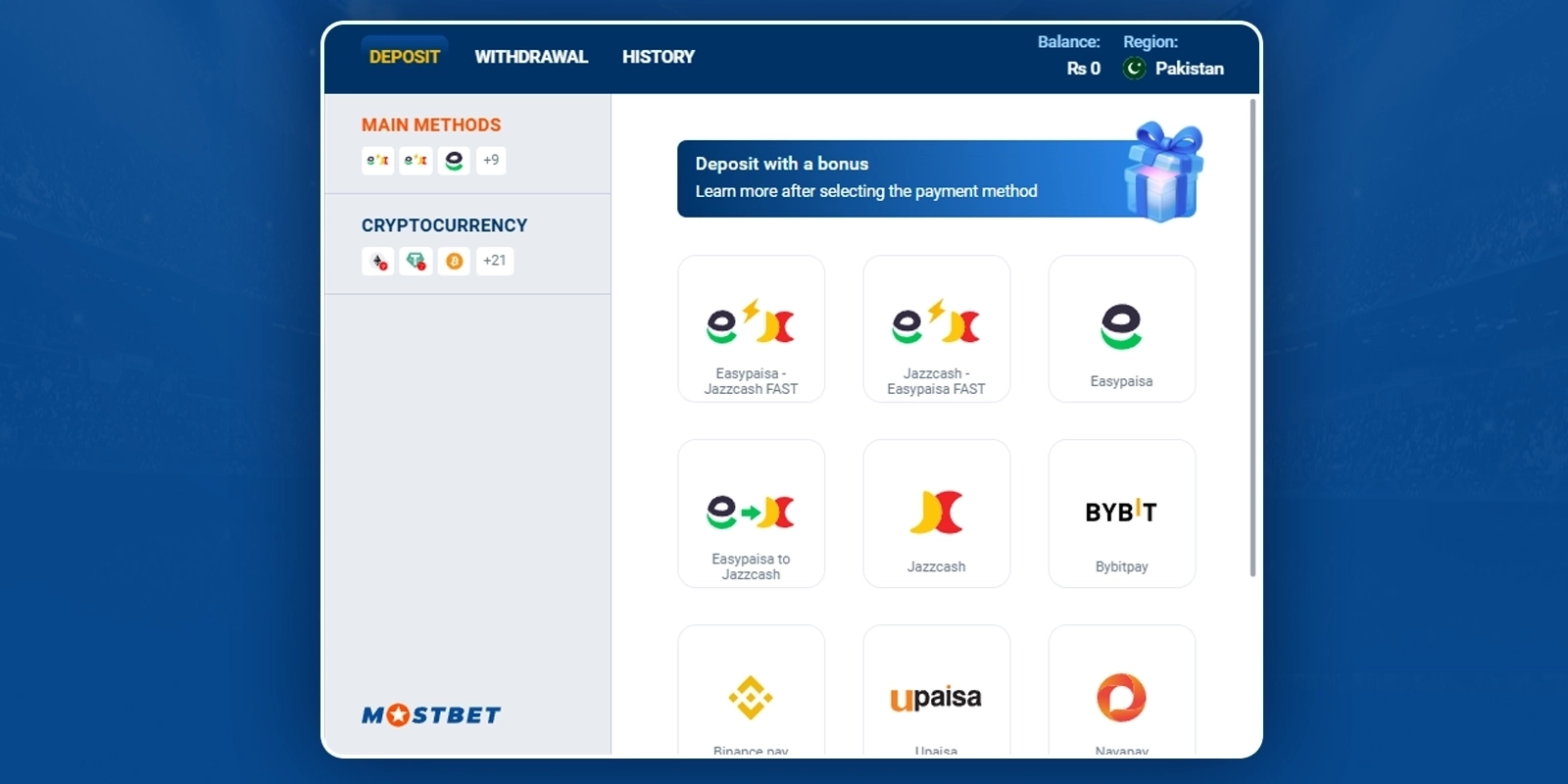 Deposit via JazzCash or Easypaisa on Mostbet