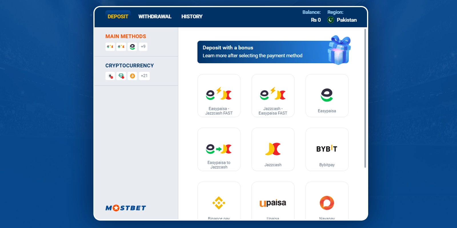 Deposit via JazzCash or Easypaisa