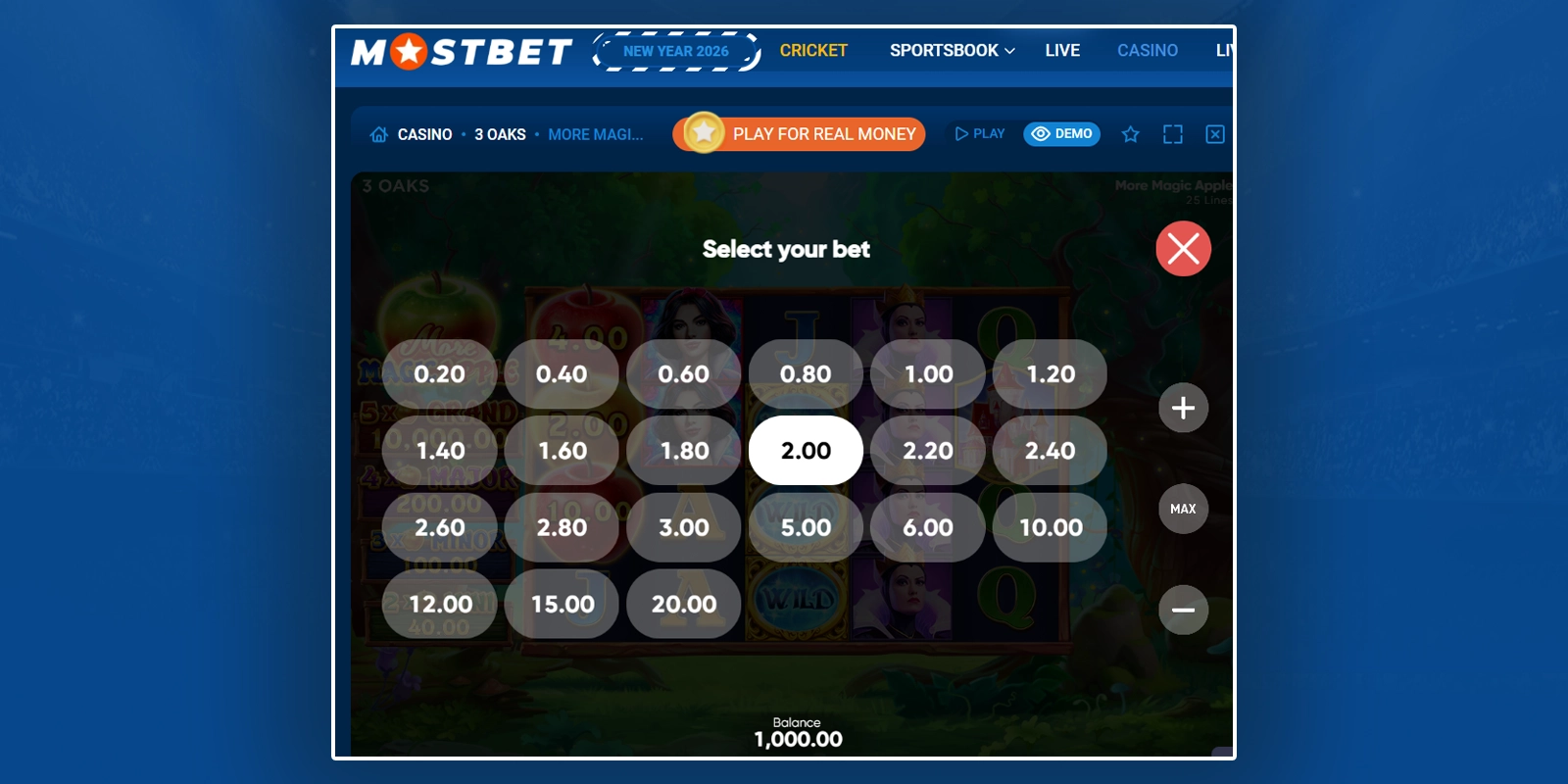 Choose bet amount at More Magic Apple game
